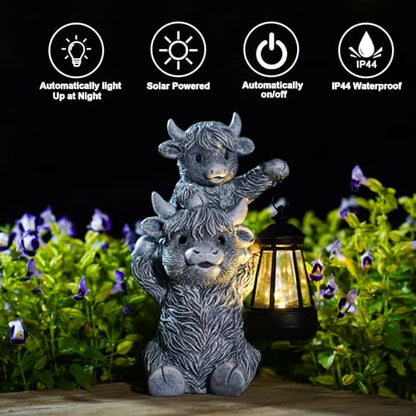 Goodeco Highland Cow with Solar Lantern Garden Statue - color: Grey Cow