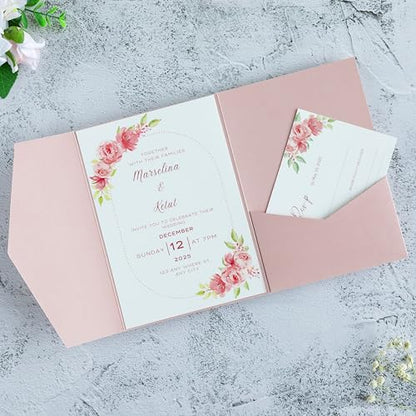 20 PCS Blush Pink Tri-fold Laser Cut Wedding Invitation Pockets for 5x7 Wedding Cards Bridal Shower Engagement Quinceanera Invitation - color: Blush Pink