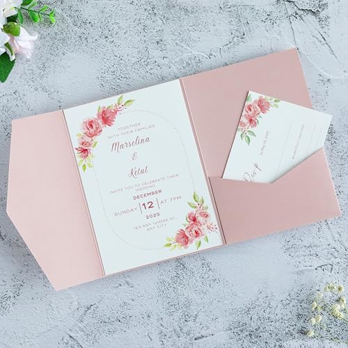 20 PCS Blush Pink Tri-fold Laser Cut Wedding Invitation Pockets for 5x7 Wedding Cards Bridal Shower Engagement Quinceanera Invitation - color: Blush Pink