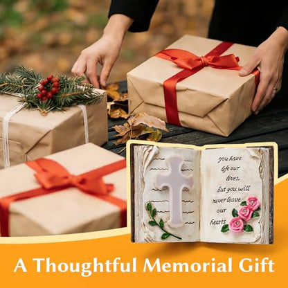 Solar Bible Cross Garden Statue Light, Memorial Grave Decor for Cemetery | IP65 Waterproof Resin Cross Flower with Stakes, Remembrance for Loss of Loved One, Outdoor Yard Patio Lawn Decoration