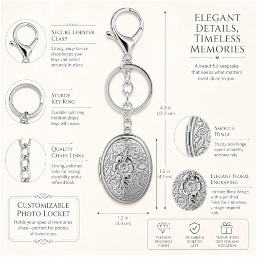 Photo Keychain for Women Silver Oval Locket Bag Charm Picture Holder Purse Accessory Memory Gift for Mom Wife