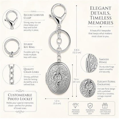 Photo Keychain for Women Silver Oval Locket Bag Charm Picture Holder Purse Accessory Memory Gift for Mom Wife