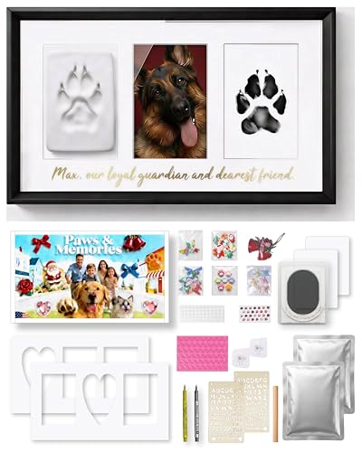 Pet Paw Print Keepsake Kit - Large High-Density MDF Wood Memorial Frame with Pet-Safe Clay & Clean-Touch Ink Pad - 3 Mats & 80+ DIY Decorations - Dog/Cat Growth Record & Pet Loss Gift, Black