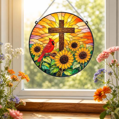Cardinal with Jesus Cross & Sunflower Memorial Suncatcher, 8" Christian Stained Glass Wavy Acrylic, Sympathy Gift for Loss of Loved One, Mom, Dad, Grandma, Family Member, Religious Gifts for Women - color: Cardinal - Sunflower