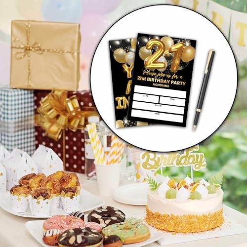 21st Birthday Invitations, Black and Gold Birthday Party Invitations, Gold Balloon Birthday Party Fill In Invitation Cards, Birthday Party Favor Supplies (20 Invites With 20 Envelopes) -21st - style: 21st