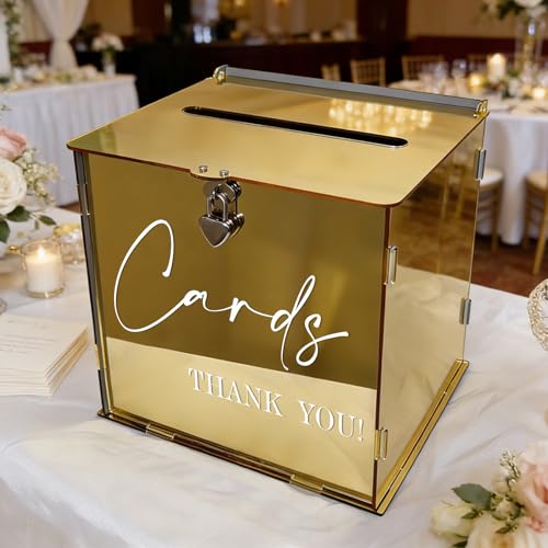 Gold Acrylic Card Box with Lock & Slot, Classy Golden Wedding Card Boxes for Reception, Luxury Monetary Envelope Gift Box for Party Graduation Birthday Anniversary Baby Shower All Occasions - color: Golden