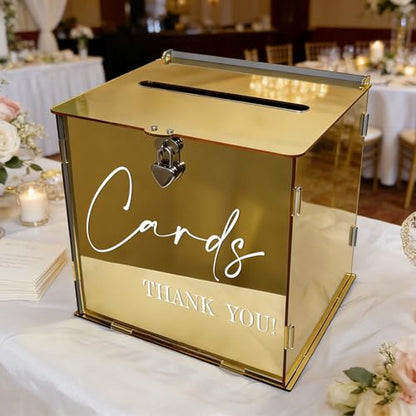 Gold Acrylic Card Box with Lock & Slot, Classy Golden Wedding Card Boxes for Reception, Luxury Monetary Envelope Gift Box for Party Graduation Birthday Anniversary Baby Shower All Occasions - color: Golden