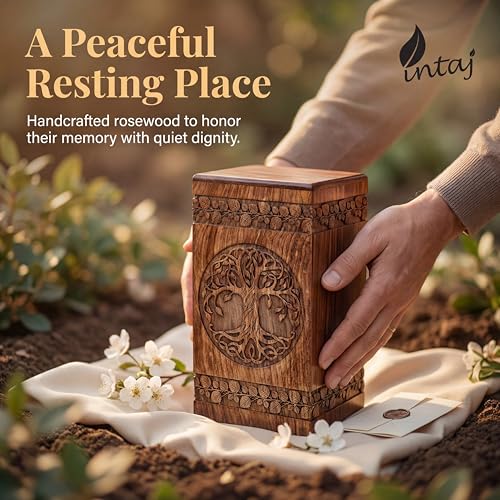 Wooden Cremation Urn for Human Ashes, 250 Cu in, X-Large, Rosewood | Hand-carved solid sheesham rosewood, screw-locked sliding base, engraving available, holds up to 250 lb - color: Rosewood, size: Large - 11.25Hx6.25W (250 Cu/In)