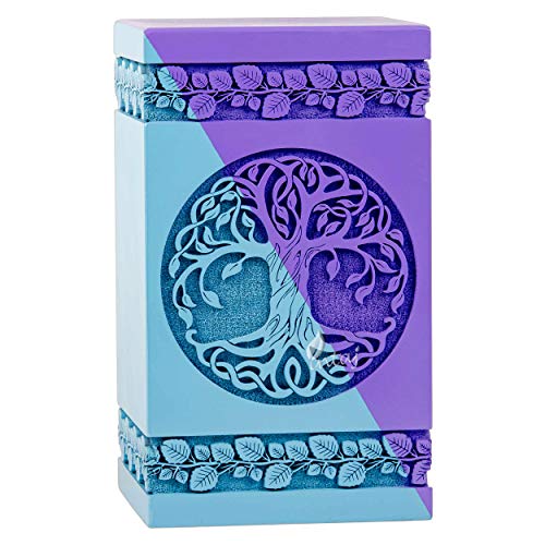 Wooden Urn for Human Ashes, 250 Cu in, X-Large, Blue & Purple | Hand-carved wood, blue and purple, screw-locked sliding base, engraving available, holds up to 250 lb - color: Blue & Purple, size: Large - 11.25Hx6.25W (250 Cu/In)