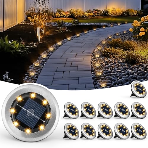PATIOWIN 12 Pack Small Solar Ground Lights, Walkway Lights Warm White | Stainless Steel Solar Powered Driveway Lights Waterproof, Landscape Lighting for Pathway, Garden, Backyard, Patio - color: Warm White
