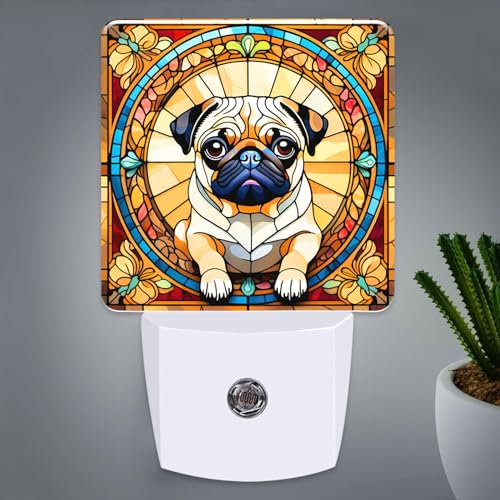 Pug Stained Glass Night Lights Plug into Wall for Room, Pug Night Light LED for Bedroom - color: Pug