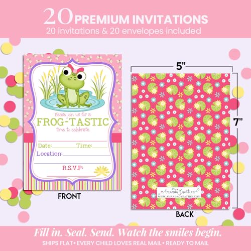 Amanda Creation Frog Birthday Invitations for Girls, 20 Pack 5x7 Fill-In Frog Party Invitations with White Envelopes, Cute Green Animal Birthday Cards, Made in USA - color: Little Frog