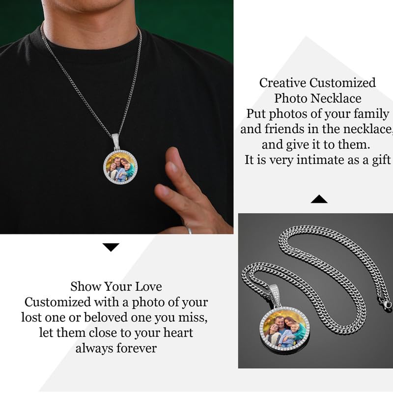 YIMERAIRE Customized Picture Necklace Personalized Circle Chain - color: 01 Circle Pendant Text(Silver)+Cuban Chain 0171