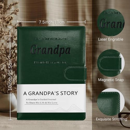 Artmag Grandpa's Life Story Journal with 250+ Prompt Questions, Family Keepsake Book Leather Cover for Grandpa to Share His Memories for Birthday Father's Day Christmas (Dark Green) - style: Grandpa's Life Story Journal （Dark Green）