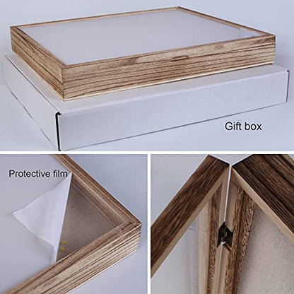 Shadow Box 13x16 Large Display Case with Linen Back and 8 Stick Pins, Solid Wood Memory Box Frame with Magnetic Door for Photos, Medals, Tickets, Wedding Bouquet and Memorabilia