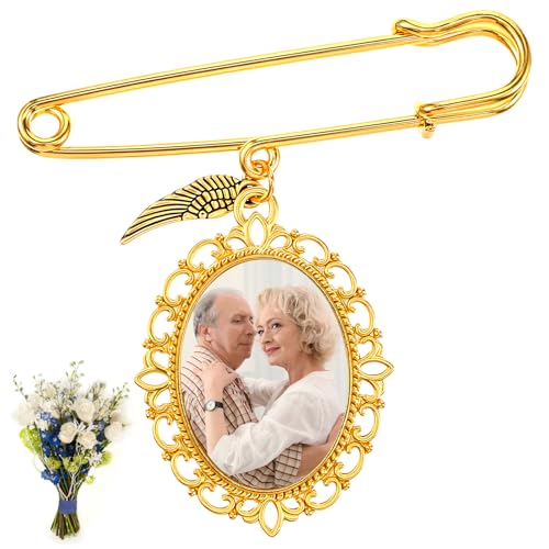 Wedding Bouquet Photo Charm, Lacy Oval Glass Picture Frame Memory Pin - color: Gold