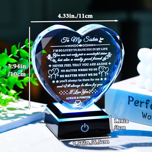 Arikyrist Sister Gifts from Sister Brother with Colorful LED Base Birthday Gifts Idea for Sisters Crystal Heart Keepsake Sisters Gift for Women for Christmas Mother's Day Valentines - style: Sister Gifts + Light Base