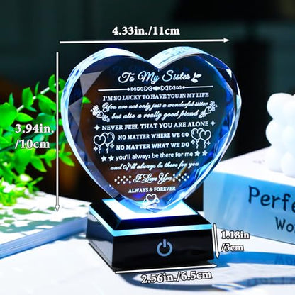 Arikyrist Sister Gifts from Sister Brother with Colorful LED Base Birthday Gifts Idea for Sisters Crystal Heart Keepsake Sisters Gift for Women for Christmas Mother's Day Valentines - style: Sister Gifts + Light Base