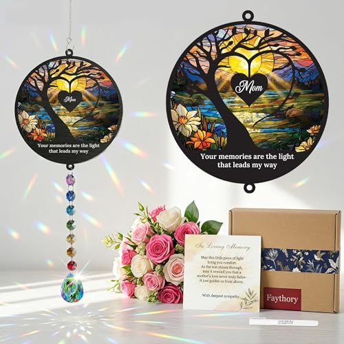 Memorial Gifts for Loss of Mom, Sympathy Gifts for Loss of Mother, Remembrance Suncatcher Gift Set with Crystal Prism, Card & Gift Box, Bereavement & Condolence Gifts - color: Mom Memorial Crystal Suncatcher 1