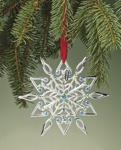 Lenox Ornament, 2025 Snow Majesty Silverplate Ornament, Stainless Steel Christmas Tree Decoration, Snowflake Design, Blue Jeweled Accents, Red Ribbon for Hanging, Christmas Decoration(Silver, 1 Piece) - style: Snow Majesty
