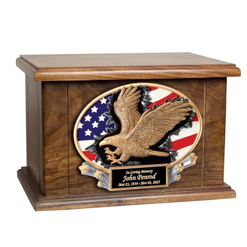 Custom Engraved Large American Flag and Eagle Wooden Funeral Cremation Urn | Personalized Adult Urn for Ashes, Veteran Memorial, Military Tribute, 260 Cubic Inch