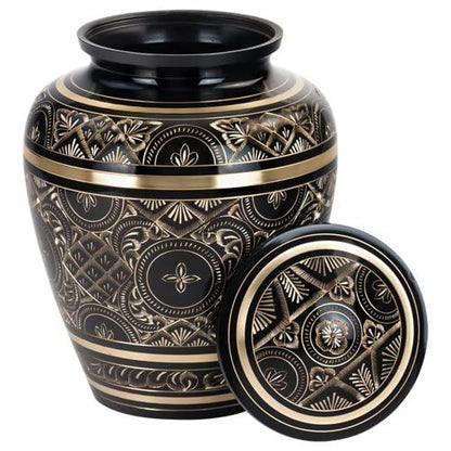 Black Elegance Brass Cremation Urn for Ashes, Brass, Black Urn, Adult Sized Cremation Urn, 9.25 Inches High