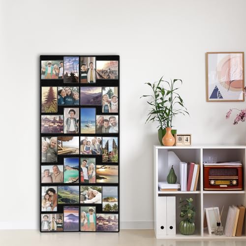 Qunclay Floor Standing Collage Photo Frame Decorative 32 Openings 3.6 x 5 Inch Hinged Folding Partition Screen Style Picture Frame Black Felt Multiple Collage Photo Display Board for Wall Corner