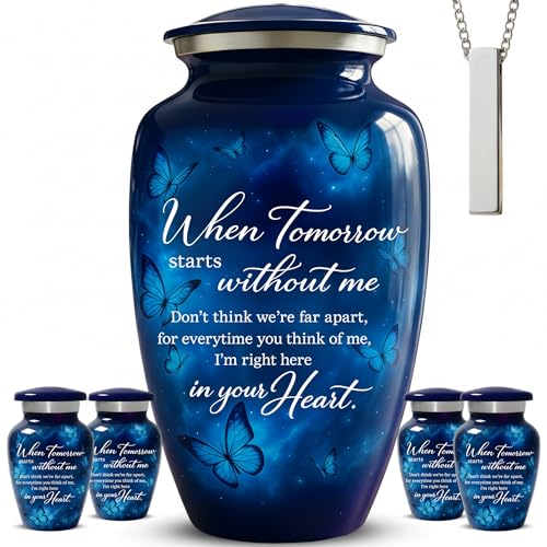 Family Tribute Blue Butterfly Cremation Urn for Human Ashes Set – Beautiful Large Funeral Urn for Adult (220lbs) with 4 Small Keepsake Urn & 1 Memorial Ash Necklaces to Honor Your Loved Ones - color: Blue Butterfly Premium Urn Set