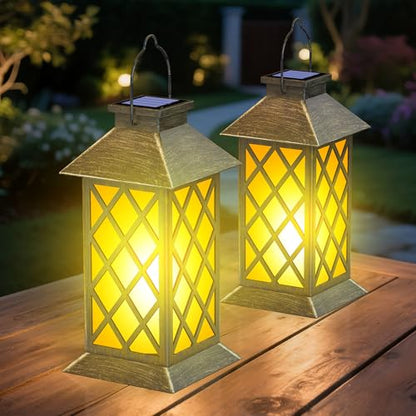2 Pack 13" Solar Lanterns Outdoor Waterproof Cross Pattern | 2 pack 13-inch waterproof metal glass lanterns with flickering flame for patio, garden, porch, pathway and gifts for mom - style: Bronze-Cross01