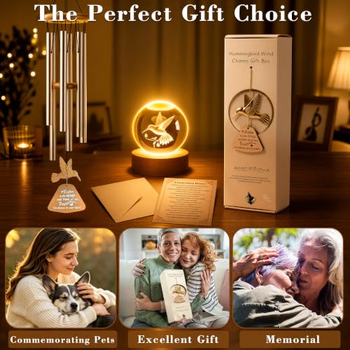 Memorial Wind Chimes with Hummingbird Crystal Ball, Sympathy Wind Chimes | Memorial Wind Chimes for Loss of Loved One with Sympathy Cards, Memorial Gift for Loss of Loved One Windchimes Remembrance