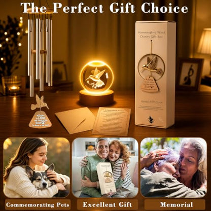 Memorial Wind Chimes with Hummingbird Crystal Ball, Sympathy Wind Chimes | Memorial Wind Chimes for Loss of Loved One with Sympathy Cards, Memorial Gift for Loss of Loved One Windchimes Remembrance