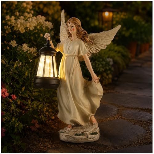 12.40" Fairy Garden Statue, Solar Garden Decor for mom Grandma, Resin Fairy Statue with Lights, Angel Decor for Patio, Yard, Porch, Entryway, Balcony Decor
