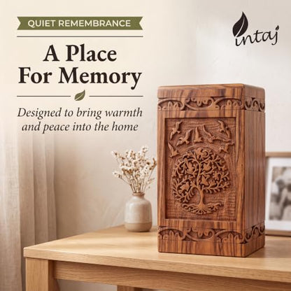 Tree of Life Wooden Urn for Human Ashes, Large 180 cu in, Rosewood - color: Rosewood Tree and Birds, size: Large (180 lbs)