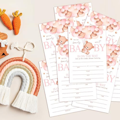 We Can Bearly Wait Baby Shower Invitations for Girls, Bear Balloon Invite Cards for Baby Announcement, 25 Set of Fill-in Baby Shower Invites with Envelopes, Gender Reveal Party Supplies -B07 - color: Pastel