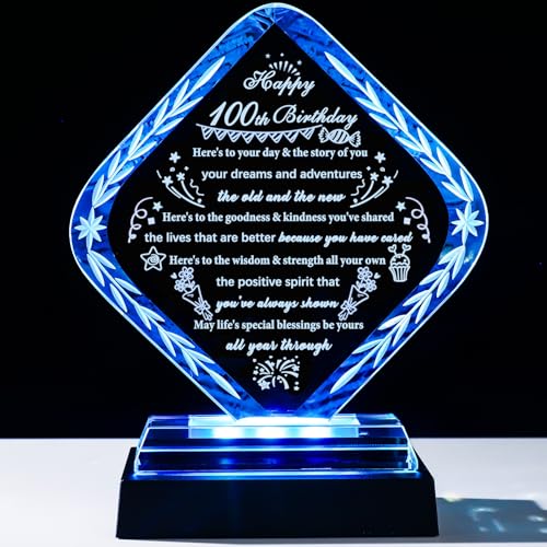 YWHL Happy 100th Birthday Gifts for Men Women with Light Base Crystal 100th Birthday Plaque Decorations Best Gift Ideas for 100 Years Old Grandparents Born in 1925 - style: 100th Birthday Gifts+Light Base