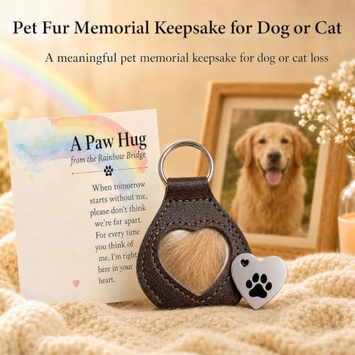 Pet Memorial Gifts for Loss of Dog or Cat, Pet Fur Keepsake with Heart Window, Pet Hair Memorial Holder with Paw Print Pocket Hug, Gifts from Rainbow Bridge, Sympathy Gift for Pet Owners