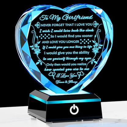 YWHL Gifts for Girlfriend, Anniversary Birthday Gifts for Girlfriend | To My Girlfriend Romantic Gifts from Boyfriend with LED Base Crystal Heart Keepsake Present for Her on Valentines Christmas - color: Girlfriend Gifts
