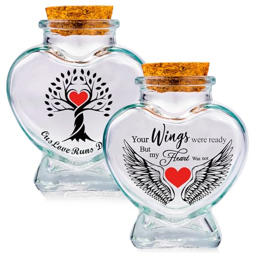 Glass Keepsake Bottles Set of 2, Tree of Life Memorial Holders | Heart Shape Glass Bottles, Cork Lid, Holds Ashes or Pet Fur, Colorful Artwork, Decorative Display for Dog Cat Remembrance