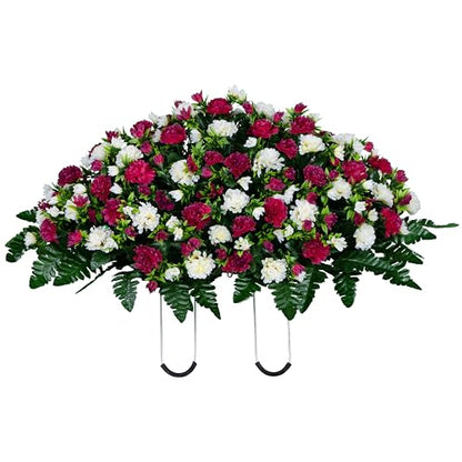 Artificial Cemetery Flowers - Gravesite Memorial Arrangment - Beauty & Cream Garden Mums - (1) Headstone Saddle - color: Beauty & Cream, size: (1) Saddle
