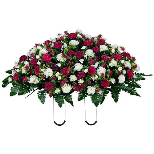 Artificial Cemetery Flowers - Gravesite Memorial Arrangment - Beauty & Cream Garden Mums - (1) Headstone Saddle - color: Beauty & Cream, size: (1) Saddle