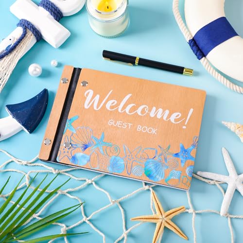 Skyygemm Beach Vacation Rental Guest Book with Pen, Wooden Scrapbook - style: Welcome Visitor