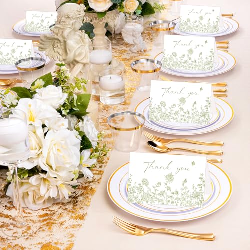 24 Pack Sage Green Floral Thank You Cards With Envelopes Stickers, Summer Wedding Floral Thank You Card Greenery Bridal Shower Birthday Supplies - style: 24 pcs - Green Flowers