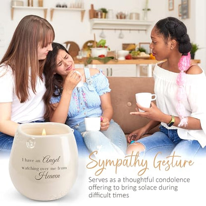 Pavilion Light Your Way Memorial Ceramic Vessel - 100% Soy Wax Candle with "I Have an Angel Watching Over Me From Heaven" Text, Decorative Soy Filled Candle, Scent of Tranquility, 8 oz, White - style: In Memory, Angel Watching