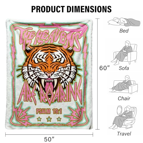 Christian Bible Verse Tiger Blanket 50x60 Inch, Christian Gifts | The Heavens Are Roaring Tiger Design, Soft Cozy Throw Blanket Gifts for Women - color: White-pink