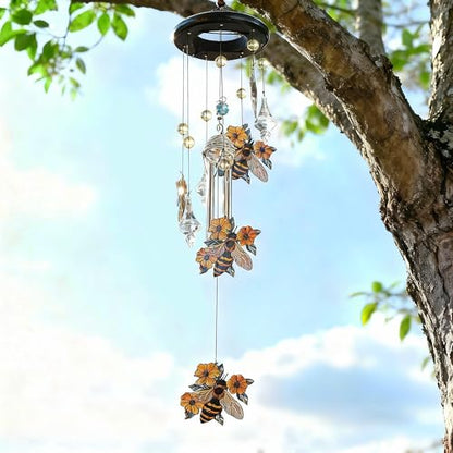 YU FENG Bee Wind Chime with Crystal Suncatcher, Memorial Outdoor Decor - style: Wildflower – Bee – 27 Inch