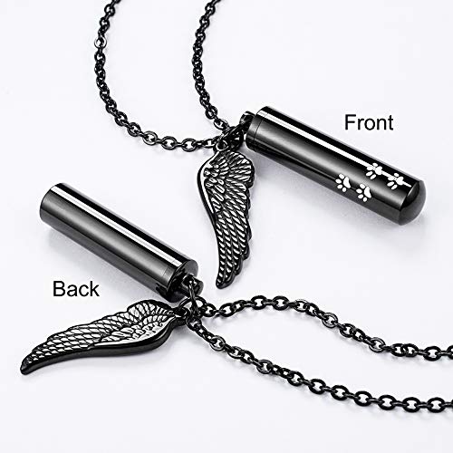 abooxiu Cylinder Cremation Urn Necklace with Angel Wing Pet Paw Ashes Keepsake Jewelry - color: Black-L