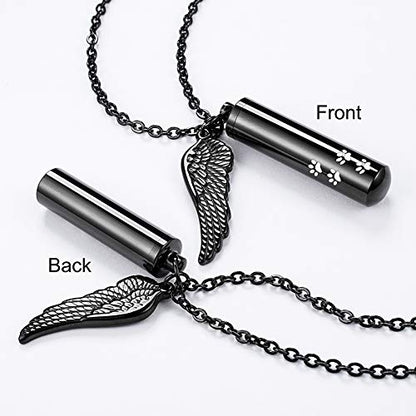 abooxiu Cylinder Cremation Urn Necklace with Angel Wing Pet Paw Ashes Keepsake Jewelry - color: Black-L