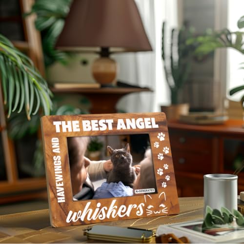 Pet Wood Picture Frame, Pet Memorial Gifts, The Best Angels Have Wings and Whiskers Picture Photo Frames, Dog Cat Bereavement Remembrance Gifts, Farmhouse Home Office Table Decor, 4 x 6 Inch