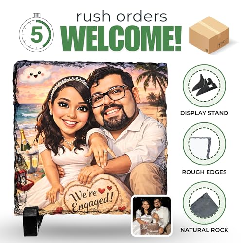 Personalized Caricature Photo Rock Slate Frame - Square Shape | Custom Stone Plaque Picture Frame Custom Cartoon Picture Animation Style, Life Story Caricature, Bestie Gifts Birthday Gift - color: Caricature-Slate