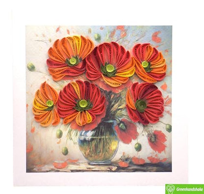 GREENHANDSHAKE Poppies Bouquet in Vase, quilling art greeting card for birthday, valentine's day, mother's day, anniversary, thank you, get well, 6" x 6" - style: Poppies Bouquet in Vase